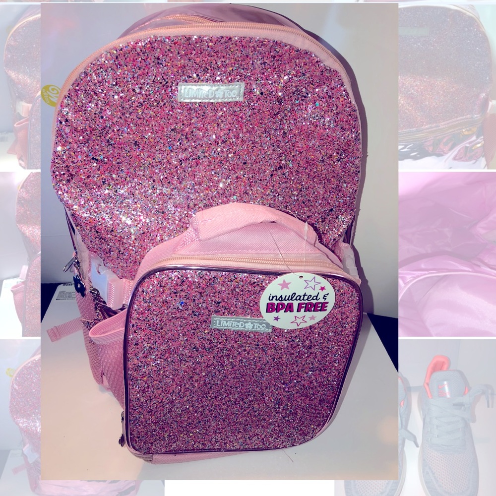 Pink Metallic & Glitter Backpack with Lunch Bag.